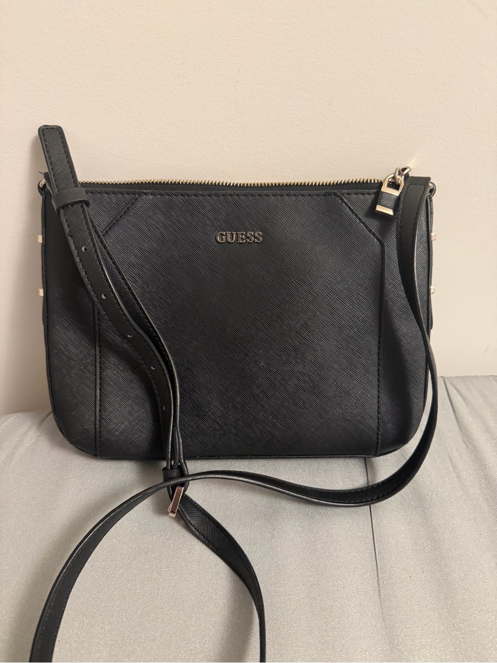 GUESS Black Saffiano Crossbody Bag with Gold Hardware